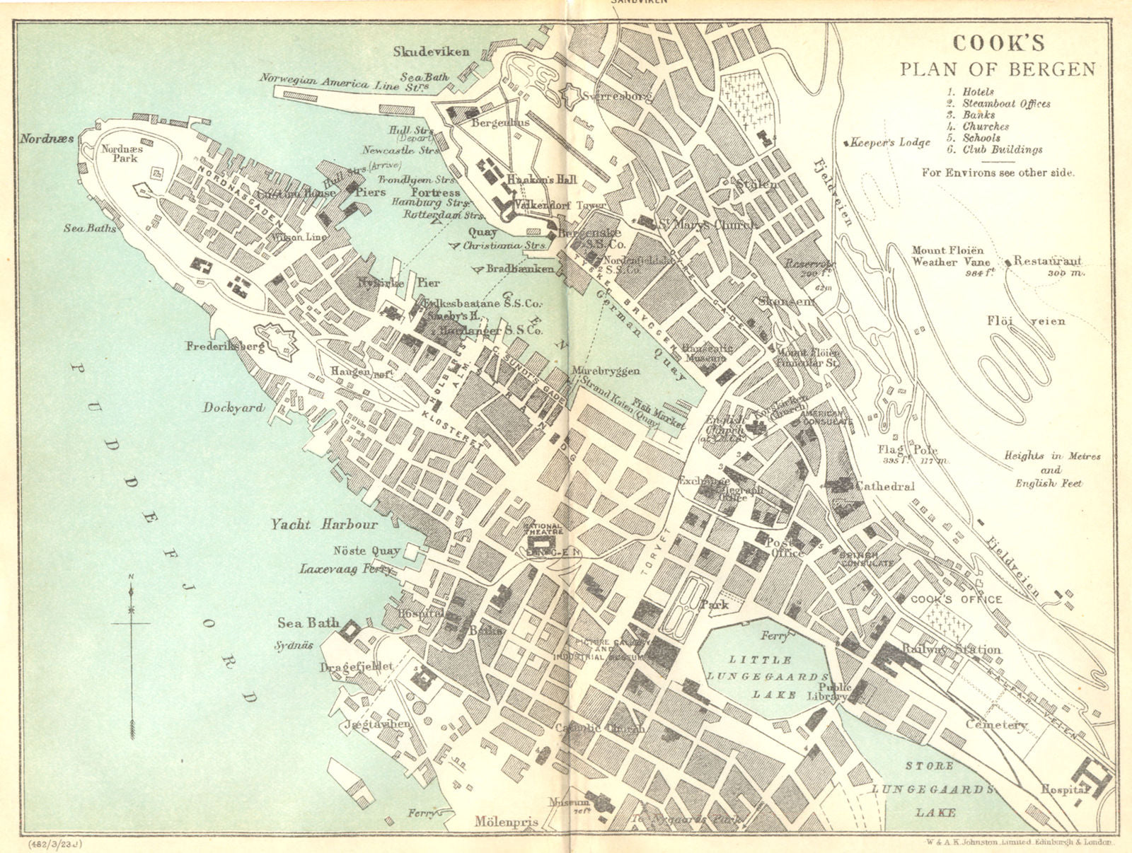 NORWAY. Thomas Cook's Town plan of Bergen 1923 old antique map chart